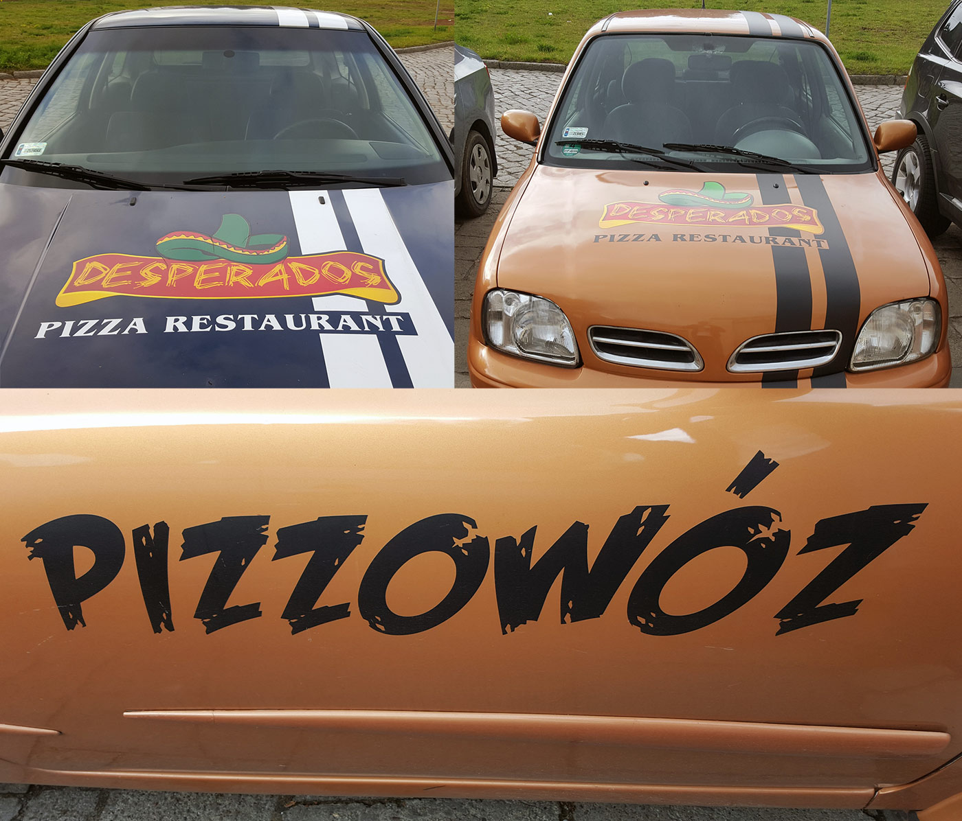 Zamówienia dowożą obklejone na wesoło Pizzowozy :). W tym miejscu chciałbym pochwalić właściciela, który zainwestował we własne auta. Wiele pizzerii wymaga, aby zatrudniony kierowca jeździł własnym autem. Podobno pizzowozy wywołują uśmiech w okolicy :). Na bokach mają jeszcze rajdowe numery 1 i 2.