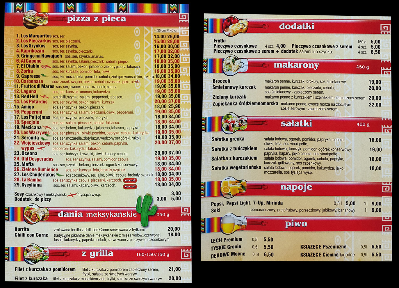 Menu z ulotki. Lista dań jest krótka, a ceny przystępne. Warto zwrócić uwagę na dania z grilla, które są niedrogie, a nie każdy lubi pizzę.